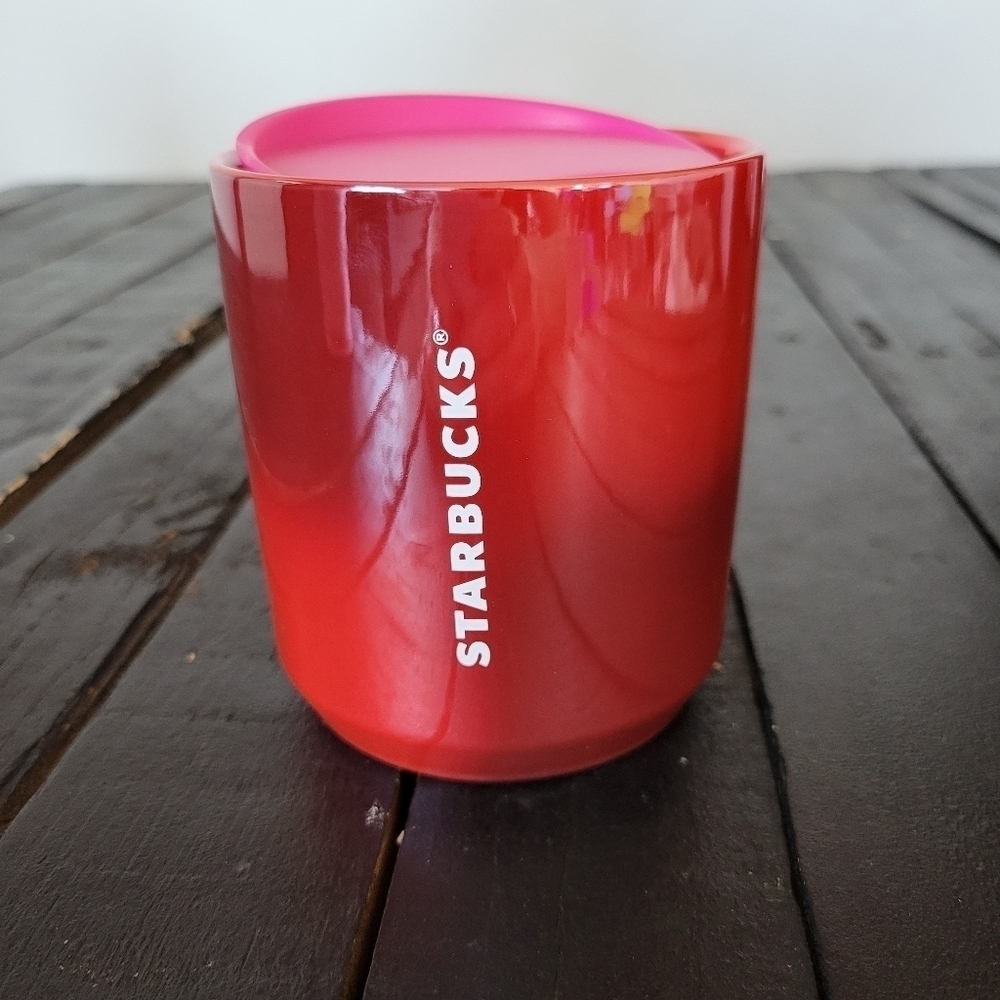 Starbucks Coffee Mug Ceramic Red Pink Ombre Swivel Lid Holiday Valentine's Day